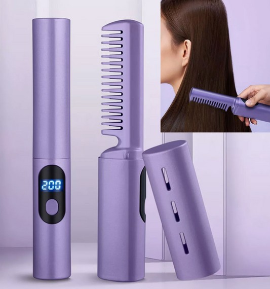 🌟 ¡Transforma tu Cabello al Instante!: Cepillo 2 en 1 Alisador con Lector de Temperatura Totalmente Portable🌟